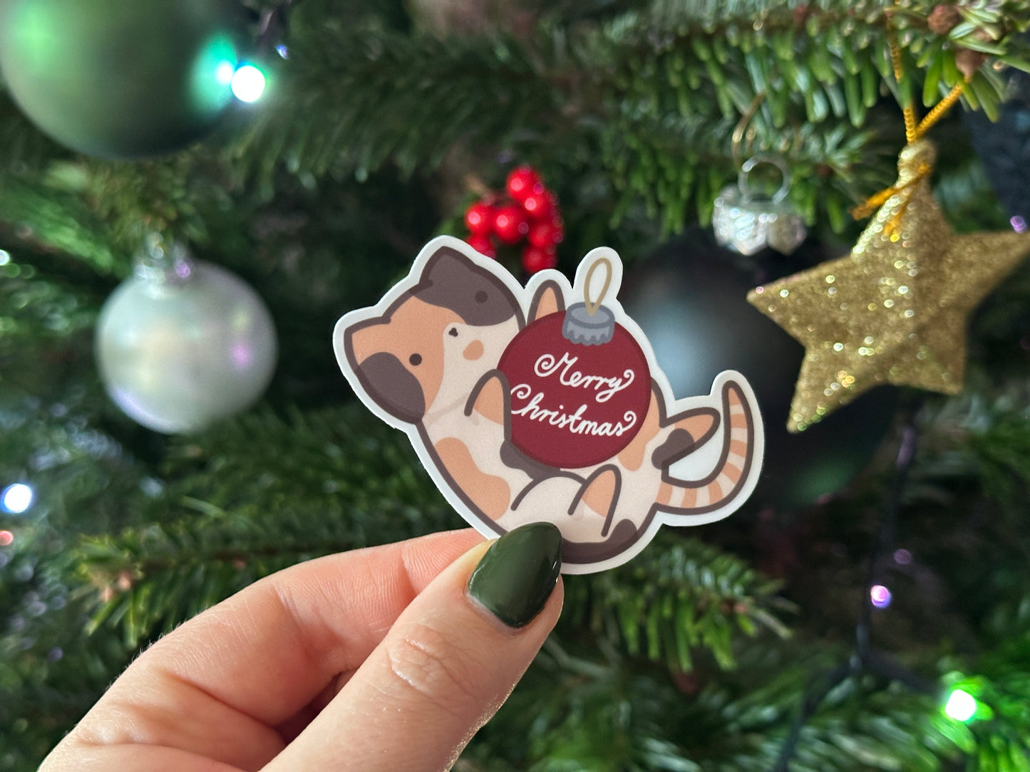 Christmas Ornaments Calico Cat Matte Vinyl Sticker