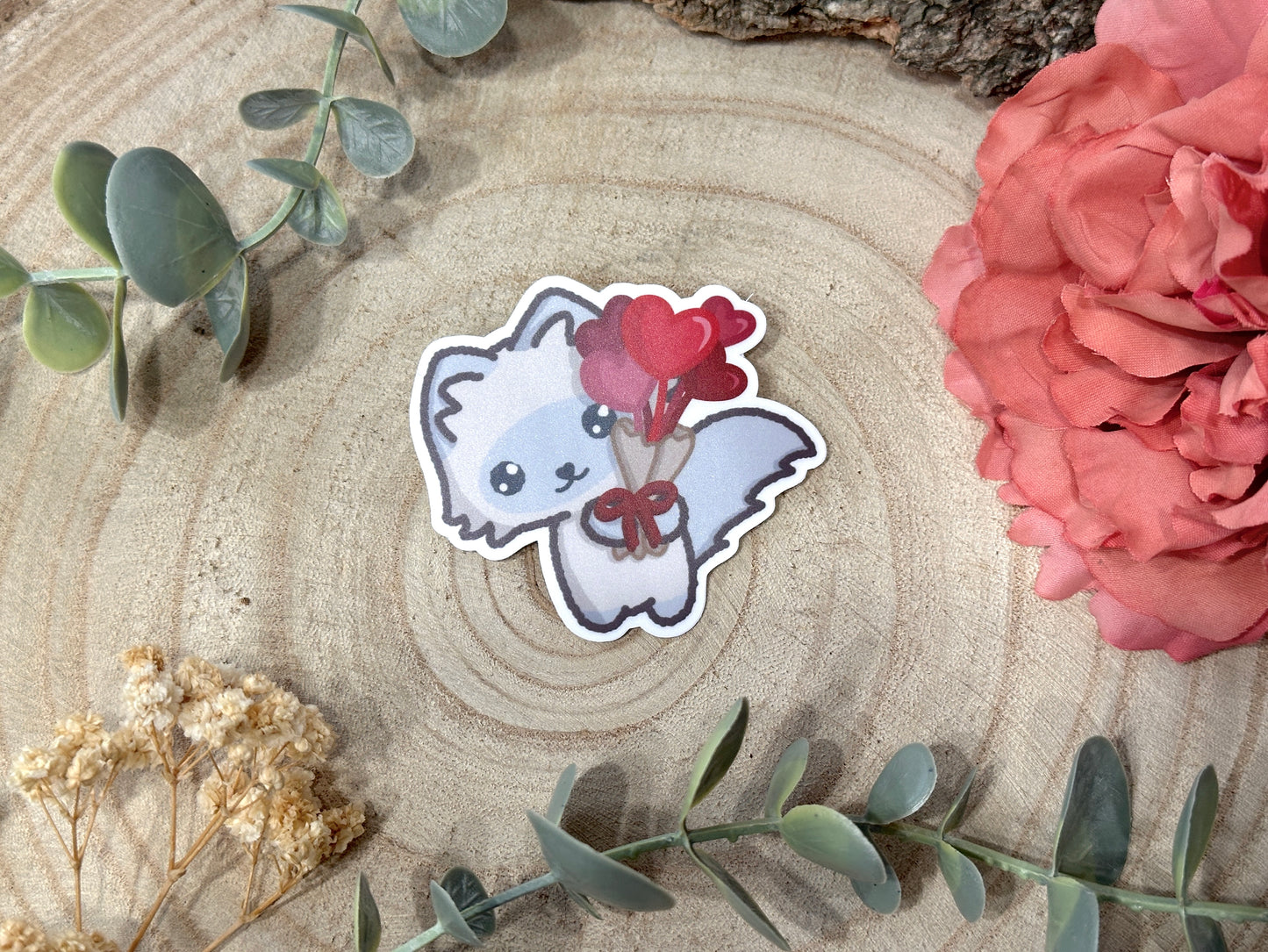 Valentine Heart Bouquet Cat Matte Vinyl Sticker